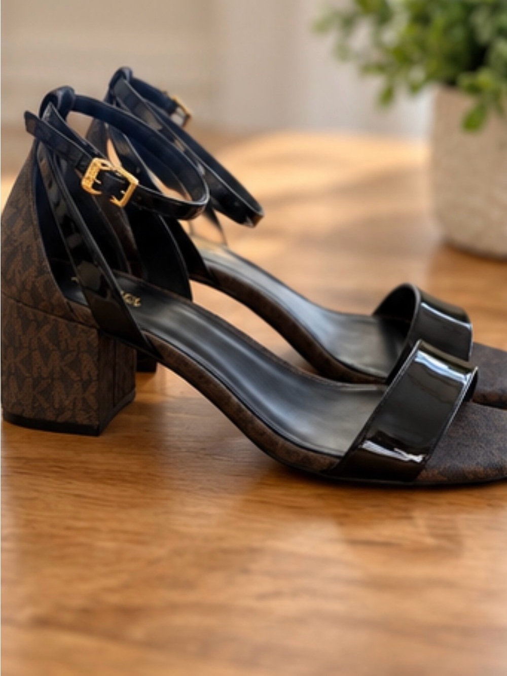 Michael Kors Black Patent Ankle-Strap Block Heel Sandals